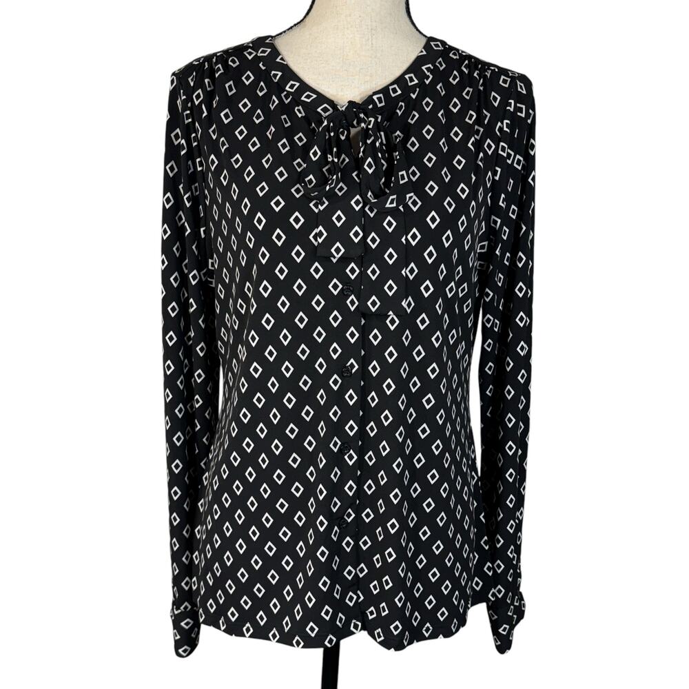 Calvin Klein Large Top Button-Up Geometric Stretch Long Sleeve Tie Keyhole Black